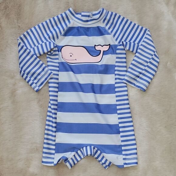 VINEYARD VINES BLUE AND WHITE STRIPED WHALE ONE-PIECE RASHGUARD SWIMSUIT - Picture 2 of 10